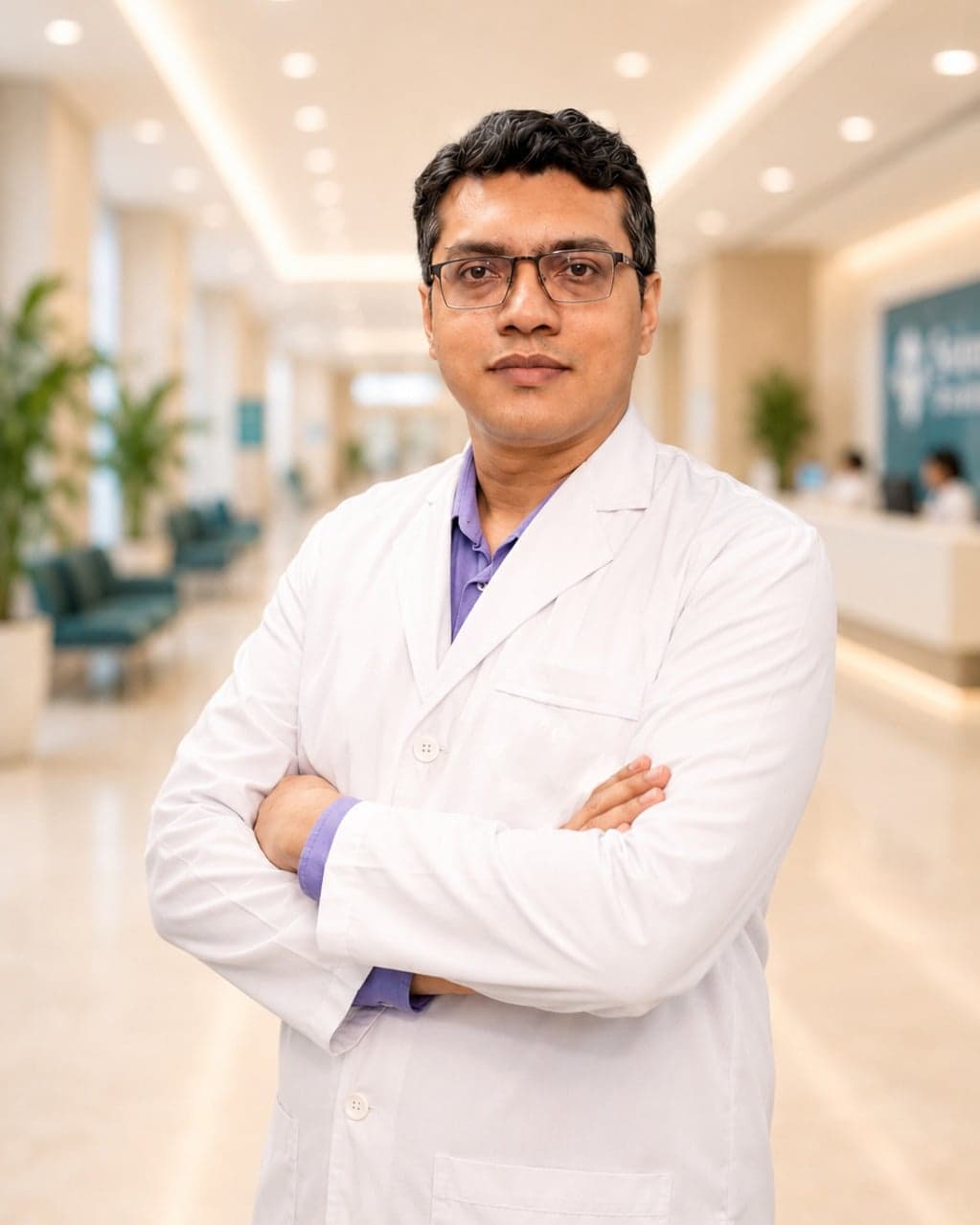 Dr. Afanur Rahman Adnan in a white coat, arms folded, in a hospital lobby